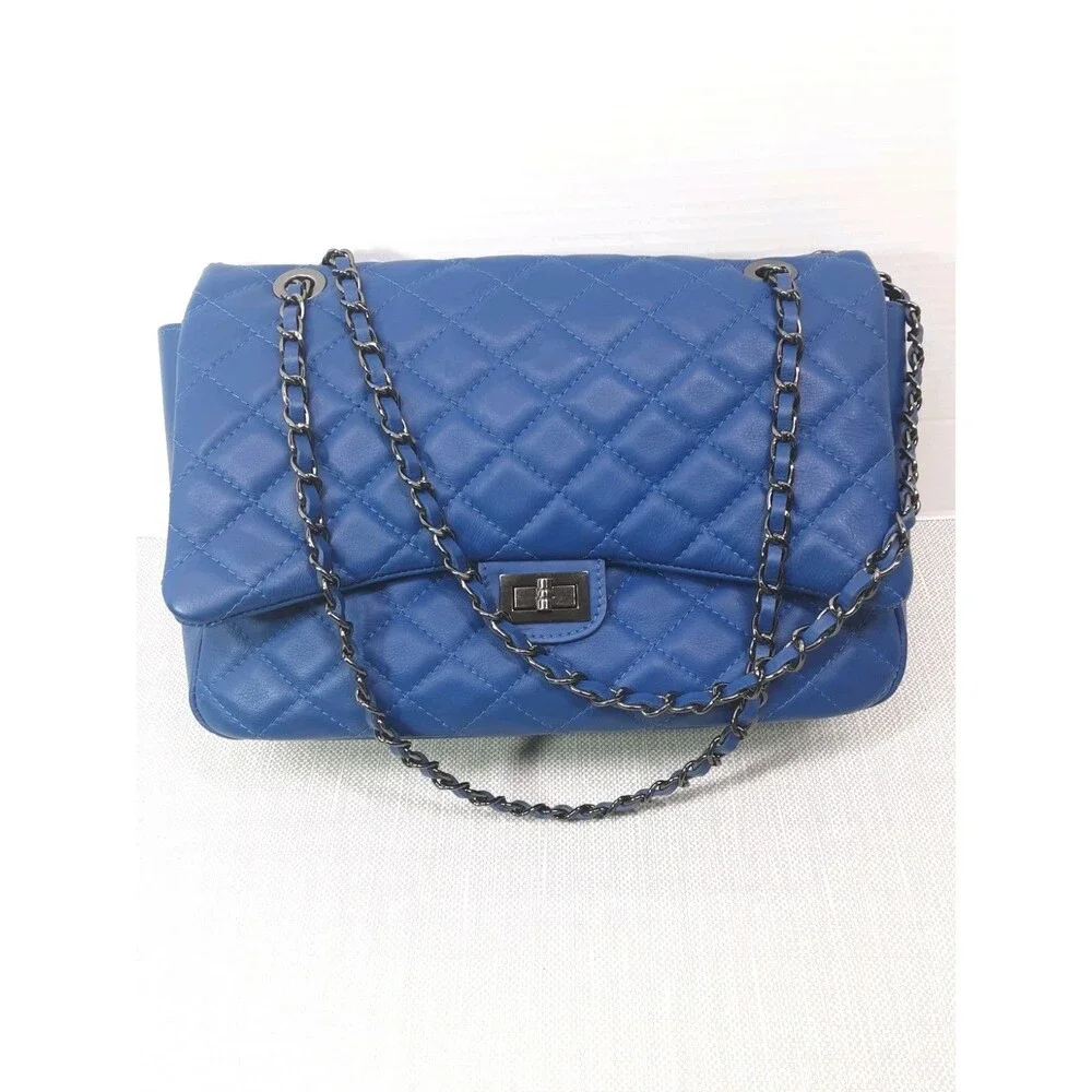 Laura Di Maggio Blue Quilted Leather Handbag Chain Strap Shoulder Bag Crossbody